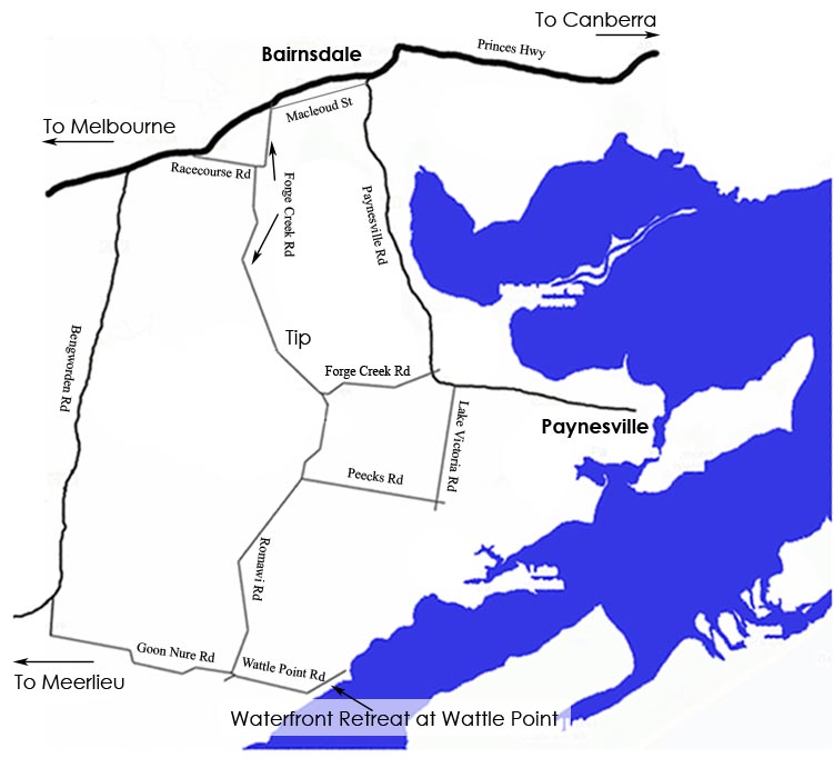 Surrounding road map of Waterfront Retreat at Wattle Point, Gippsland Lakes Accommodation
